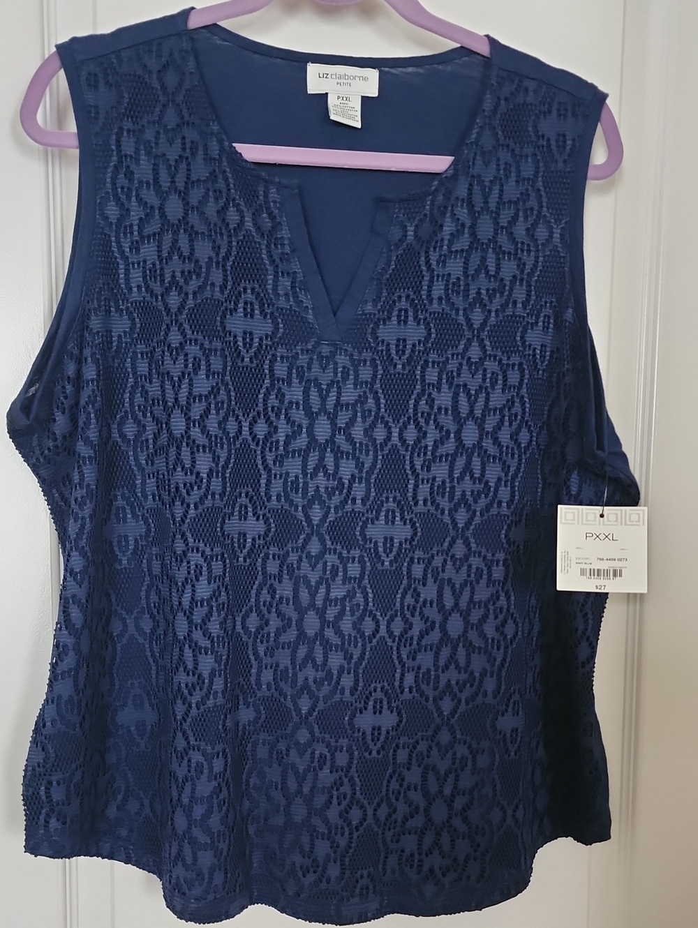 Liz Claiborne Navy Lace Overlay V-Notch Tank Top Size Petite XXL